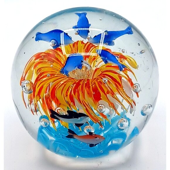 Murano Glass Tropical Fish Aquarium Art Paperweight 4.5" X 4.15" Handcrafted Wit - Picture 12 of 15